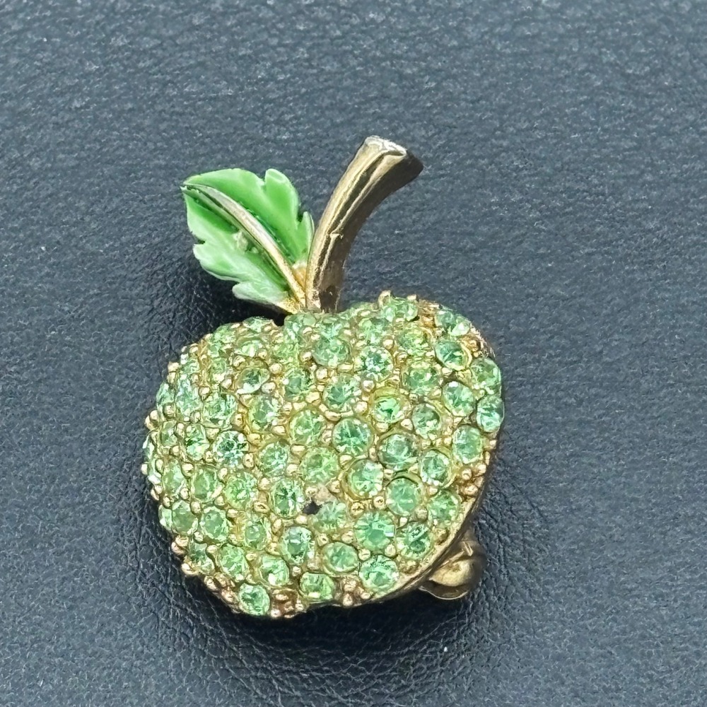 Apple Brooch Women OS Green Rhinestone Gold Tone Enameled Leaf Pin